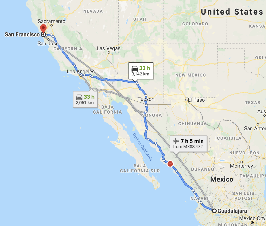 Mapa de Guadalajara hacia San Francisco